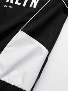 Manfinity Hypemode Men's Racing Jacket, Black And White Colorblock Woven Stand Collar Zipper Windbreaker, Loose Fit Printed Outerwear, Street Style, Casual, Party Wear - Black - View 5