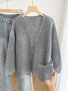 SHEIN 少女奶油白色針織開襟衫，秋季返校週日休閒純色落肩寬鬆長袖舒適針織衫 - 深灰色 - 查看 1