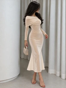 NOVVYNE Đầm midi nữ màu trơn xếp ly phong cách thường ngày dự tiệc mùa hè - Màu be - Xem 8