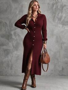 Linhara CURVE قطعة واحدة كارديجان محبوك بأكمام طويلة بتصميم أنيق حضري عتيق للنساء بمقاسات كبيرة، مناسب للتنقل اليومي، الربيع والخريف والشتاء - عنابي اللون - مشاهدة 4