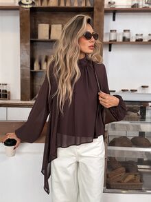 Easowa Solid Mock Neck Lantern Sleeve Asymmetrical Hem Blouse - Chocolate Brown - View 6