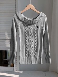 Comfortcana 女款刺繡麻花編織圓領長袖針織毛衣，海軍藍秋冬毛衣 - 淺灰色 - 查看 6