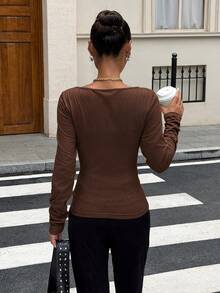 Muchica Fashion Basic Sage Green Boat Neck Knit Long Sleeve T-Shirt For Women, Suitable For Daily Commute, Streetwear, Party, Autumn/Winter/ - Brown - View 2