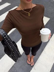 Muchica Fashion Basic Sage Green Boat Neck Knit Long Sleeve T-Shirt For Women, Suitable For Daily Commute, Streetwear, Party, Autumn/Winter/ - Brown - View 4