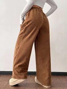 SHEIN PETITE 女款秋冬街頭時尚休閒復古燈芯絨紋理寬鬆長褲，適合嬌小女性，上班辦公，濃縮咖啡棕色 - 卡其色 - 查看 2