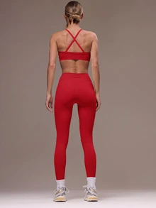 Musera Sport 女款交叉背上衣與緊身褲運動套裝 健身瑜伽皮拉提斯日常休閒 - 紅色 - 查看 2