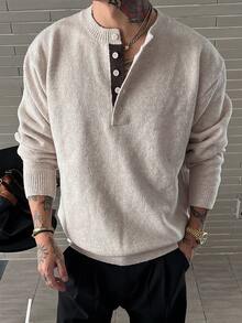 DAZY Men's Beige Contrast Collar Crew Neck Button Half-Placket Sweater, Autumn/Winter - Beige - View 1
