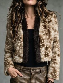 SHEIN LUNE Vintage Polka Dot Faux Fur Collar Patchwork Open Front Coat, Elegant Winter Party & Banquet Outfit - Brown - View 4