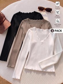 SHEIN EZwear 3-Pack Women's Solid Color V-Neck Long Sleeve Casual Versatile T-Shirts - Multicolor - View 12