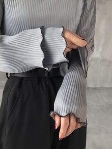 Dazy Plus Färgblockad t-shirt med mockhals, långa ärmar, ribbad textur, patchworkdesign, lös, avslappnad och mångsidig, höst/vinter - Grå - Visa 5