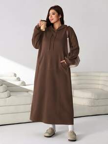 Solflare Plus Size Autumn/Winter Long Sleeve Hooded Grey Floral Print Pocket Sweatshirt Dress Fall - Chocolate Brown - View 5