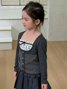 Dazy Kids (Gadis Muda) Kaos Lengan Panjang dengan Lapisan Dalam Warna Abu-abu Musim Gugur - Dark Grey - View 7