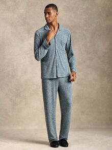 EverLounge Men's Single-Breasted Long Sleeve Top And Pants Casual Daily Homewear Set - Multicolor - View 3