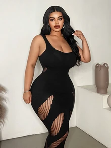 Maweii Plus Size Women's Solid Color Hollow Design Sleeveless Fitted Sexy Dress - Black - View 1