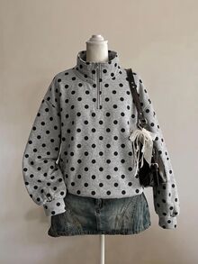 SHEIN EZwear 女款秋季新款復古圓點灰色寬鬆半拉鍊高領衛衣，厚實面料，適合秋冬，加厚款式，適用於日常通勤、約會、聚會、秋冬、夏季、派對、婚禮、海灘、畢業典禮等場合，優雅休閒，適合出遊，Y2K風格，音樂節等場合 - 淺灰色 - 查看 6