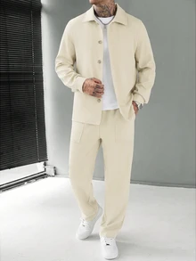 Manfinity Homme 男士休閒時尚寬鬆長袖夾克套裝，外出必備，送給家人與朋友的完美禮物，男士兩件套搭配裝，棕色 - 杏色 - 查看 4
