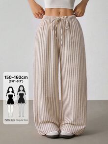 SHEIN PETITE 女款休閒寬鬆藍白條紋寬腿褲，小個女生適用，沙灘秋季穿搭 - 淡黃色 - 查看 4