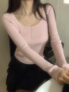 DAZY Sweater Rajut Wanita Warna Polos, Potongan Ramping, Leher Persegi Elastis, Gaya Korea Elegan untuk Liburan Musim Gugur/Dingin, Cocok untuk Wanita - Berwarna merah muda - View 7