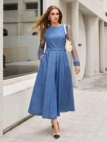 Selenza Women's Round Neck Contrast Mesh Long Sleeve Elegant Denim Dress - Blue - View 4