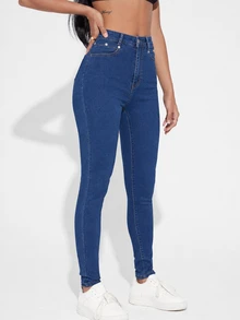 SHEIN Essnce 女款保暖內裡修身休閒百搭牛仔褲，附口袋 - 藍色 - 查看 4