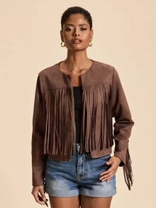 Travachic Elegant Cape With Tassel Long Sleeve Elegant Outerwear - Brown - View 6