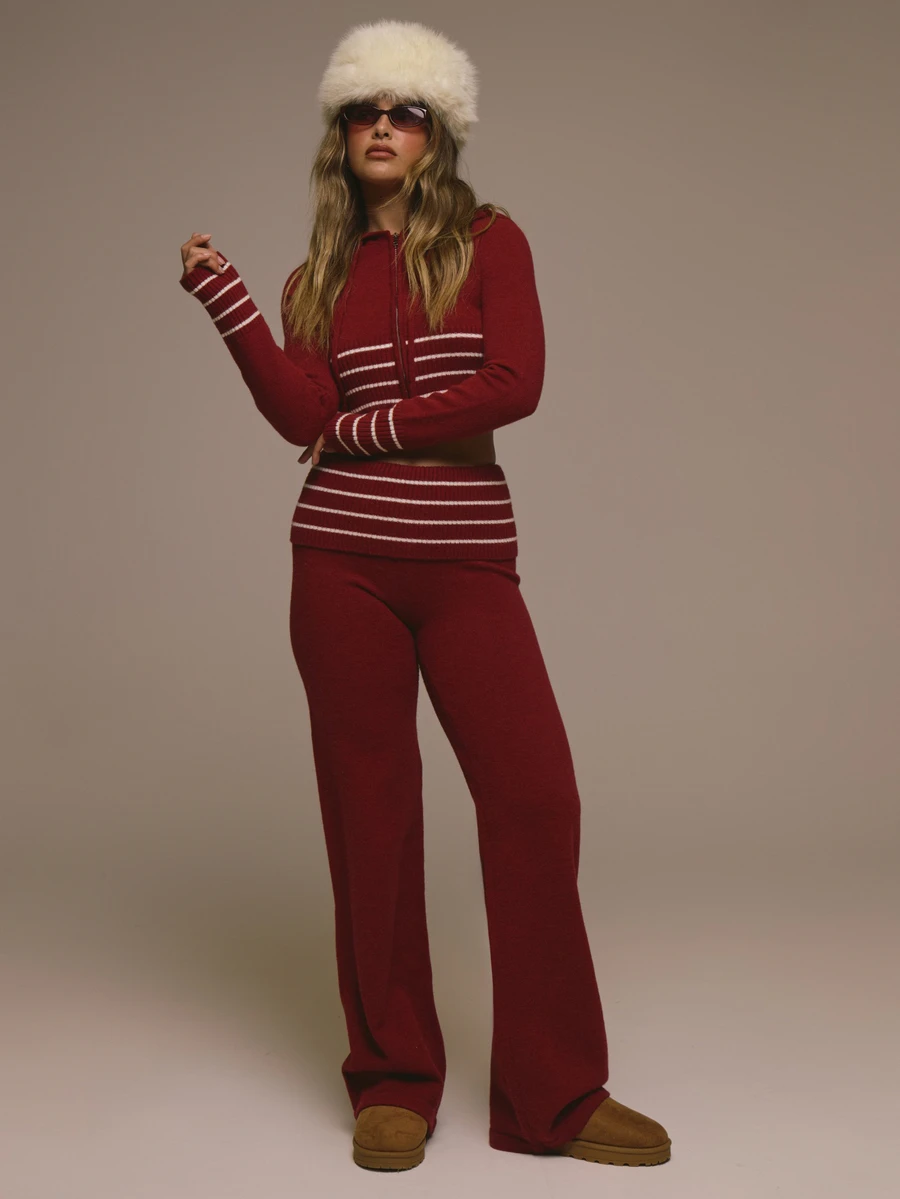 MUSERA Knitted Ribbed Striped Waist Fitted Hoodie With Ribbed Foldover Striped Knitted Jogger Autumn Fall Christmas Cute Holiday Alpine Drift - Red and White - View 1