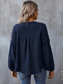 SHEIN LUNE Notched Neckline Lantern Sleeve Blouse,Casual - Navy Blue - View 2