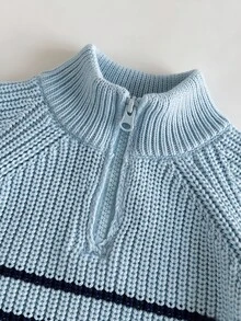 SHEIN 男嬰紋理條紋半開襟拉鍊毛衣與針織長褲套裝 - 藍色 - 查看 3
