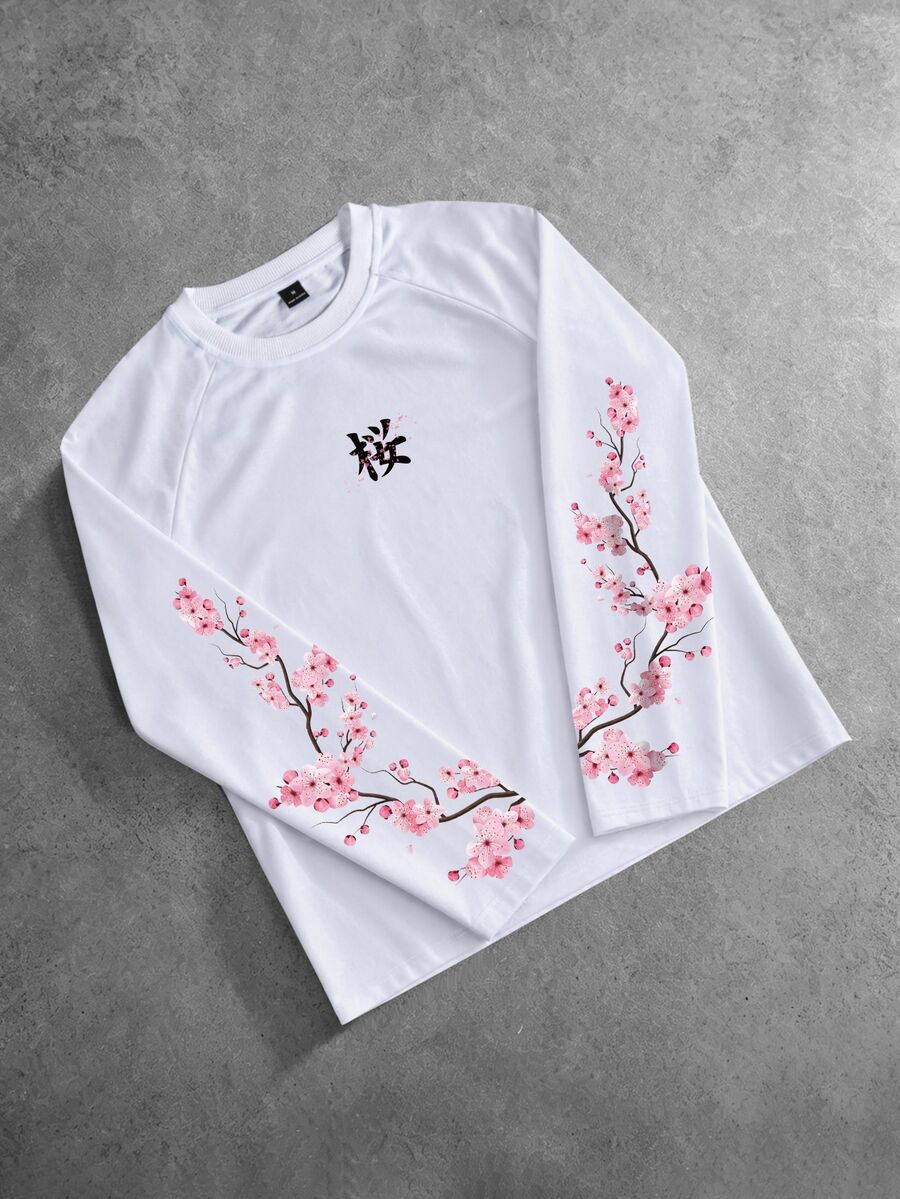 Manfinity Hypemode Men's Cherry Blossom Print Crew Neck Raglan Long Sleeve Casual T-Shirt - White - View 1
