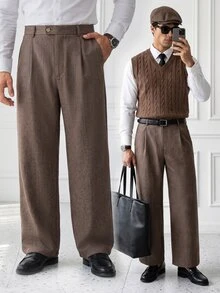 HUEFORM Men's Vintage Brown High-Waist Pleated Relaxed Fit Wide Leg, Casual Versatile Long Pants For Autumn/Winter,Suitable For Daily Commuting And Business - Chocolate Brown - View 5