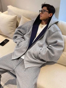 DAZY Autumn/Winter Gray Thermal Lined Contrast Color Patchwork Men's Hoodie Sweatshirt Set - Grey - View 3