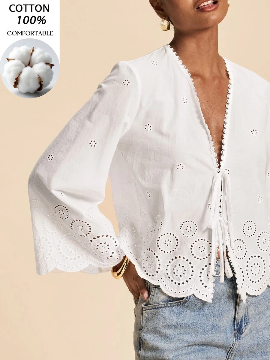 Travachic Women's V-Neck Casual Boho Daily Wear Blouse Brunch Vacation White Fall - White - View 1