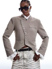LYSMO Women's Asymmetric Placket Long Sleeve Casual Blazer Jacket, Autumn/Winter - Beige - View 4