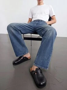 QuarKem 男士中腰直筒牛仔褲，復古磨損水洗丹寧褲，附貓鬚紋理細節，經典五口袋休閒日常長褲 - 藍色 - 查看 4