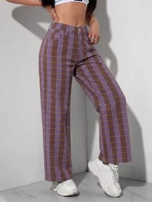 SHEIN PETITE 女款格紋口袋休閒寬鬆直筒牛仔褲 - 彩色 - 查看 5