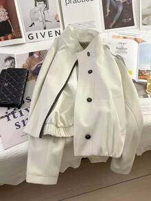 SHEIN Franclia Women's Cropped Stand Collar Jacket Fall Winter Long Sleeve Button Front Elastic Cuffs Hem Casual Short Outerwear Coat With Pockets For Daily Wear - Khaki - View 4