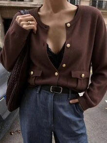 FavEase Women's Autumn/Winter Casual Loose Knit Cardigan With Pockets And Gold Button Decor - Brown - View 4