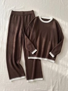 Linhara Plus Size Women's Colorblock Long Sleeve Top And Long Knit Casual Everyday Set - Brown - View 4
