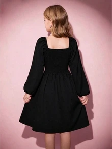 SHEIN 青少年女孩白色長袖返校舞會禮服 秋季風格 美式秋季穿搭 - 黑色 - 查看 2