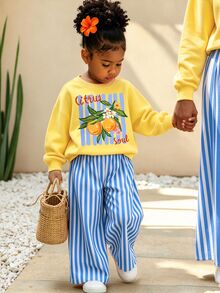 Baby Girls 2 Pcs Lemon Letter Print Crew Neck Sweatshirt & Striped Wide Leg Pants, Fall Winter Outfit - Multicolor - View 1