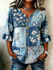 SHEIN LUNE Áo blouse cổ chữ V đính cúc tay lỡ Reverse Tide màu xanh nhạt phong cách boho vintage cho khách dự đám cưới, đi tiệc trang trọng và du lịch mùa hè - Nhiều màu - Xem 5