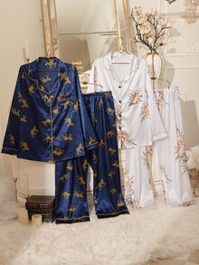 MuseNap CURVE Autumn/Winter Floral & Leopard Print Front Button Lapel Trim Long Sleeve Pants Women Plus Size Pajama Set 4pcs - Multicolor - View 3