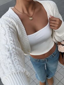 Autumina Women's Autumn/Winter Solid Color Lazy Casual Versatile Cable Cable Knit Y2K Cropped Cardigan Sweater - Apricot - View 6