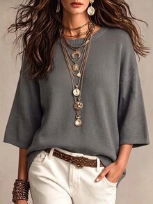 SHEIN كنزة نسائية كاجوال فضفاضة برقبة دائرية وأكمام 3/4 بتصميم أكمام خفاشي منسوجة أساسية باللون الرمادي للربيع والخريف - رمادي - مشاهدة 5