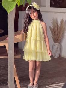 Tween Girl Solid Color Pleated Fashion Party Summer Halter Neck Dress - Yellow - View 4