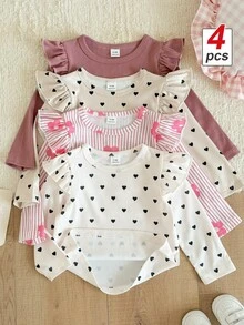 SHEIN 4件組幼兒女嬰長袖上衣，可愛甜美粉白花卉愛心荷葉邊飛袖圓領度假秋季羅紋風 - 彩色 - 查看 9