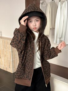 Dazy Kids Tween Girl) Leopard Print Loose Hooded Long Sleeve Autumn/Winter Basic Sweatshirt Jacket - Brown - View 5