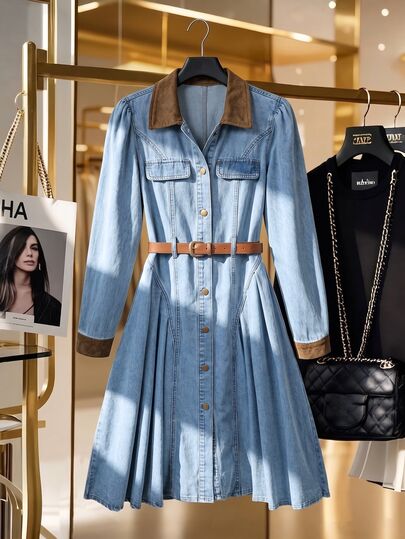 GlowEve Vestido de mujer de mezclilla con bloques de color, casual para uso diario en verano, otoño e invierno, con cinturón, paneles de ante, solapa, mangas con puños, abertura frontal, falda plisada en línea A, elegante para fiestas