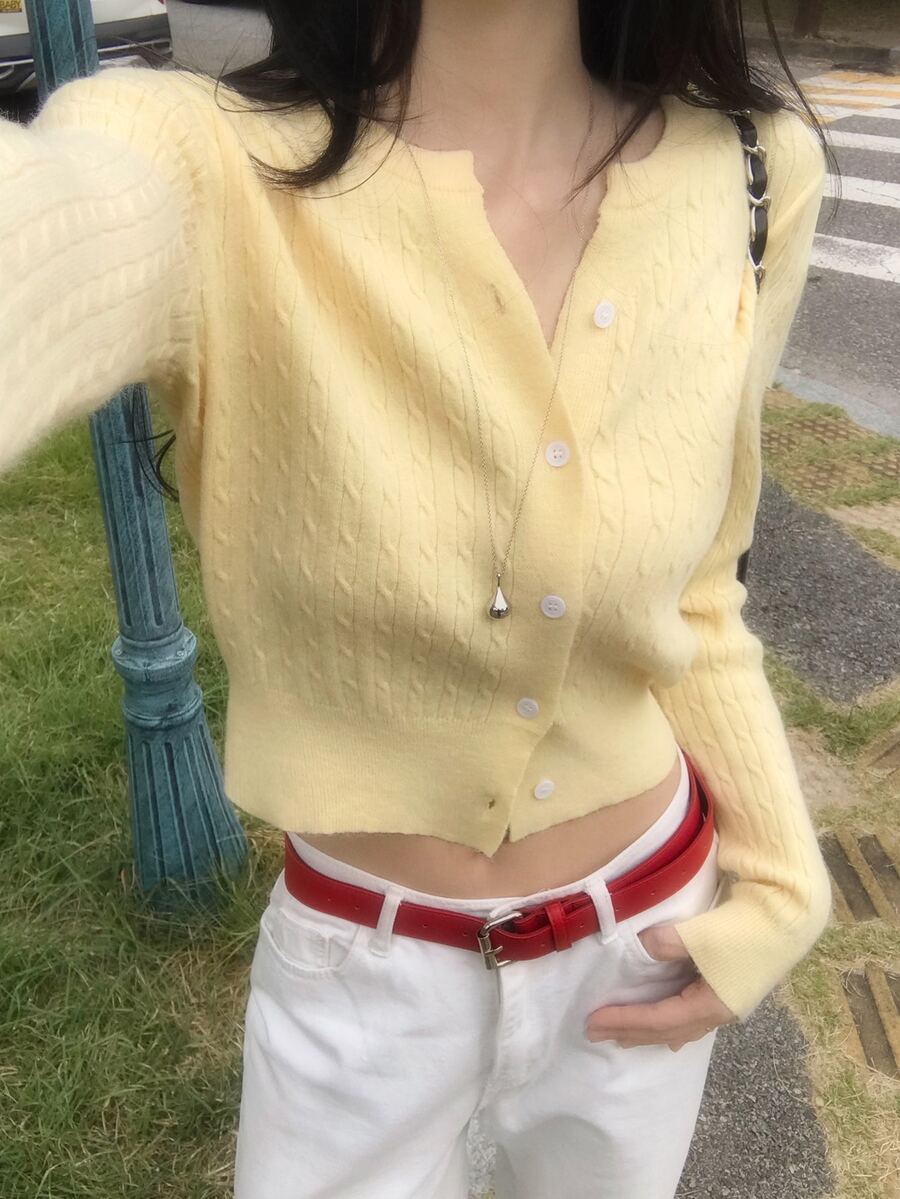 DAZY 女款休閒扭花針織開襟衫,單排鈕扣設計,長袖,秋冬款 - 杏色 - 查看 1