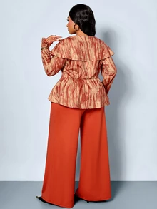 SOLERSUN Plus Size Vintage Print 2 Pieces Set, Plus Size Shawl Collar Cinched Waist A-Line Top And Draped Wide Leg Pants, Retro Textured Print, Mature Elegant Style For Daily Wear, Gatherings And Commuting - Orange - View 6